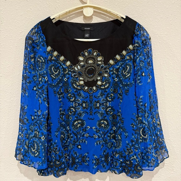 Alfani Flowy Top Elastic Waist Sheer Long Sleeves Blue Black Tan Women’s Size 10 - Picture 1 of 12